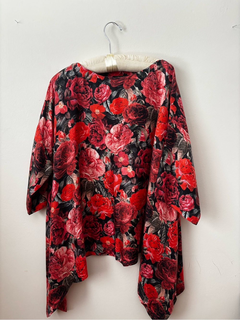 eskandar Black Tunic with Red & Pink Floral Print